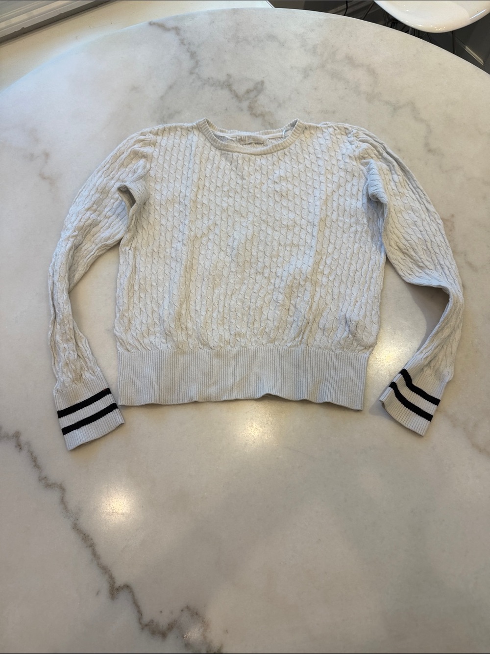 H&M ivory Cable Knit Crewneck Sweater with Black Striped Cuffs